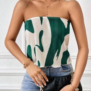Green and White Strapless Top